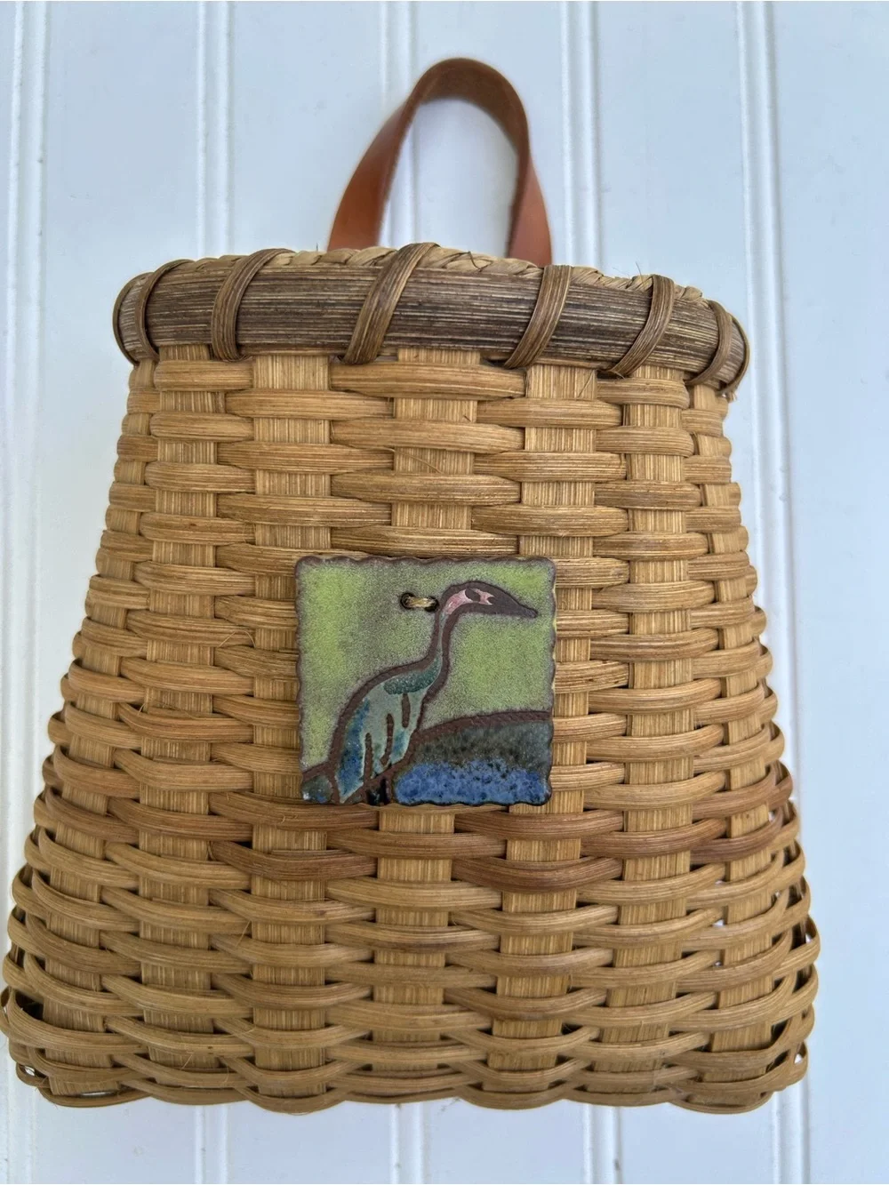 Basket Woven Rattan Wall Hang Heron Tile Accent Handmade Signed Natural 7.5x10.5